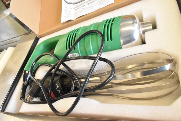 Brand new AvaMix 928IBHDW10R immersion blender with 10" whisk, green handle, in box; 120V, 1-phase.