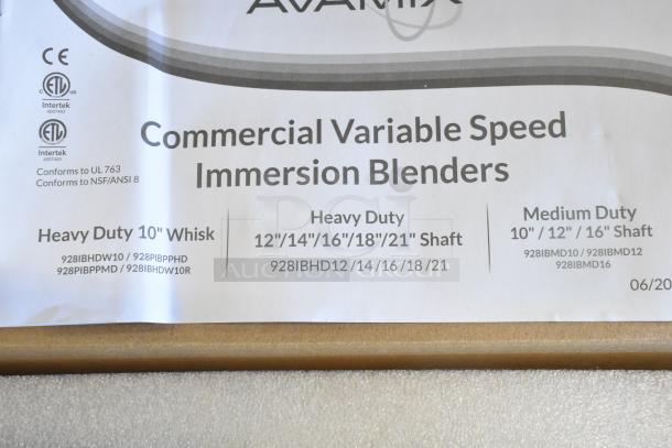 BRAND NEW AvaMix 928IBHDW10R Heavy-Duty Immersion Blender with 10" Whisk. Features variable speed, 120 volts, 1 phase.