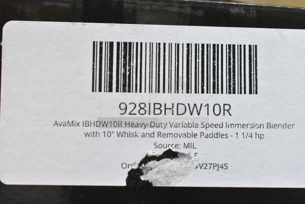 AvaMix 928IBHDW10R new immersion blender label, 10" whisk, variable speed, 120V. Minor scratches on label.