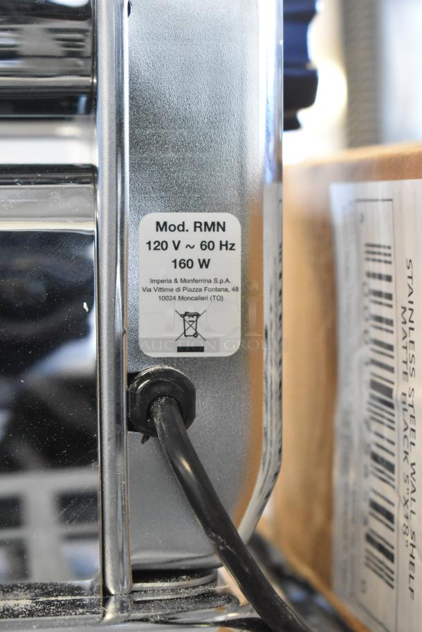 Brand new Imperia 915PM038 electric stainless steel pasta machine, 8.25", 120V, 1 phase. Minor scratches and dents.