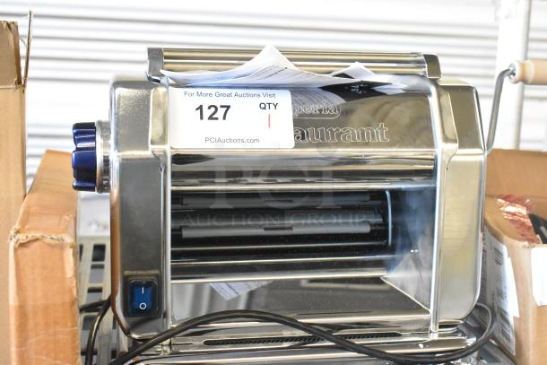 New Imperia 915PM038 electric stainless steel pasta machine, 8 1/4", 120V, slight scratches, auction tag visible.