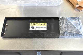 Lavex wall-mount shelf, 5" x 18", matte black stainless steel, model 712SSWS0518MB. New with scratch and dent. Caution label visible.
