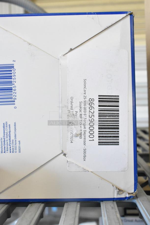 Brand new SolonCare 6" tongue depressors, 500/box, model 25-900-003. Box shows minor scratches and dents.
