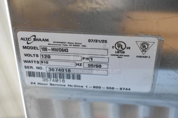 Alto-Shaam 100-HW/D643 model label showing 120V, 1 Phase, 810 watts. UL listed and ANSI/NSF 4 certified. Serial No. 3674018.