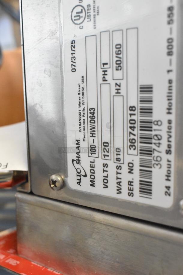 Alto-Shaam 100-HW/D643 hot food well, brand new, 120V, 1 phase, for 6" deep pans. Model and serial on label visible.