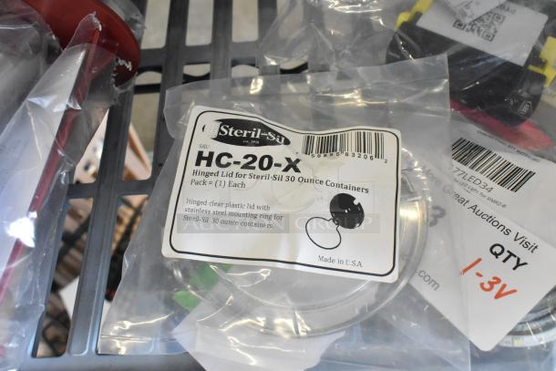 Steril-Sil HC-20-X hinged lid in packaging for 30 oz containers, label shows SKU and barcode. Brand new condition.