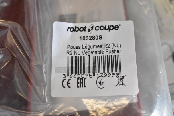 Brand new Robot Coupe 103280S vegetable pusher in packaging, with label showing model and CE, EAC certifications.
