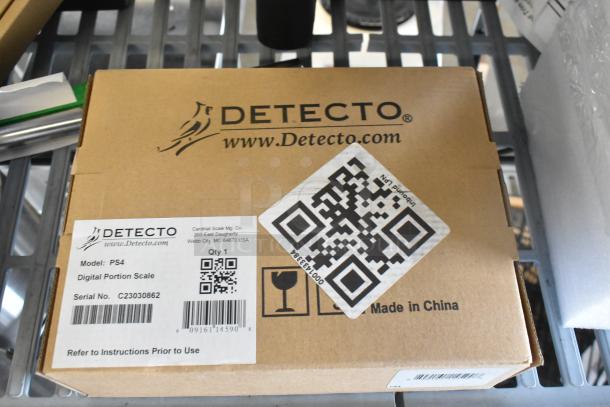 Cardinal Detecto PS4 Portion Scale, new, 4 lb. capacity, model 308PS4. Box shows product labels and QR code.