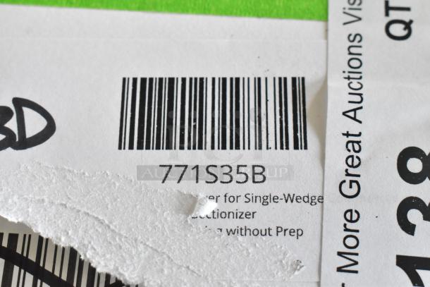 Barcode label for Sunkist S-35B Blade Cup with Cover, model 771S35B, "BRAND NEW SCRATCH AND DENT" marked.