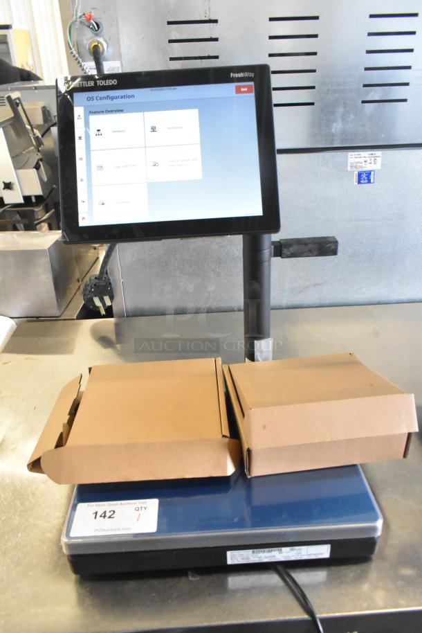 Brand new Mettler Toledo FreshWay AM-6127C digital produce scale, tested, 100-240V, 1-phase, with OS configuration screen.