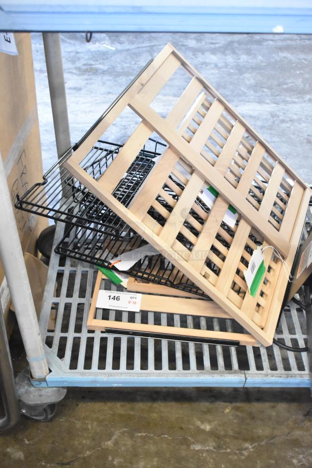 10 brand new scratch and dent AvaValley racks and baskets on a metal cart. Includes auction tag with "146 QTY V-10."