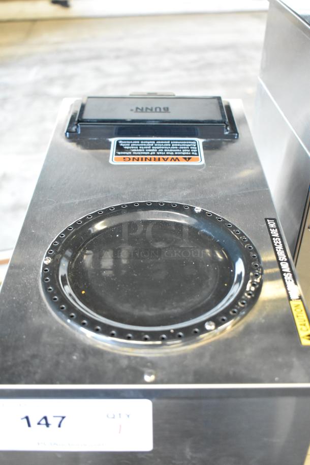 2017 Bunn VPR Black 12 Cup Pourover Coffee Brewer with 2 Warmers, stainless steel, 120V, features warning labels.