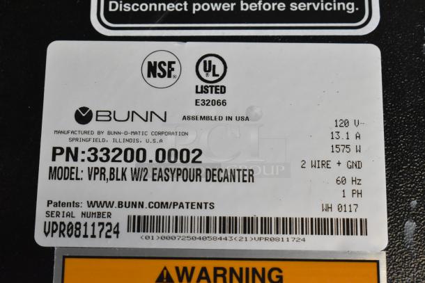 Label on 2017 Bunn VPR Black 12 Cup Pourover Coffee Brewer, model 33200.0002. Shows specs: 120V, 13.1A, 1575W.