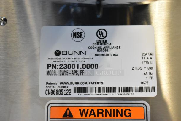 Bunn CW15-APS coffee brewer label, model 23001.0000, 120V, 1370W, NSF and UL listed, scratch and dent, new condition.
