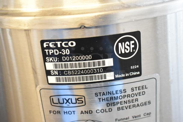 Brand new 2024 Fetco TPD-30 Luxus stainless steel 3-gallon coffee dispenser with light scratches. NSF certified, made in China.