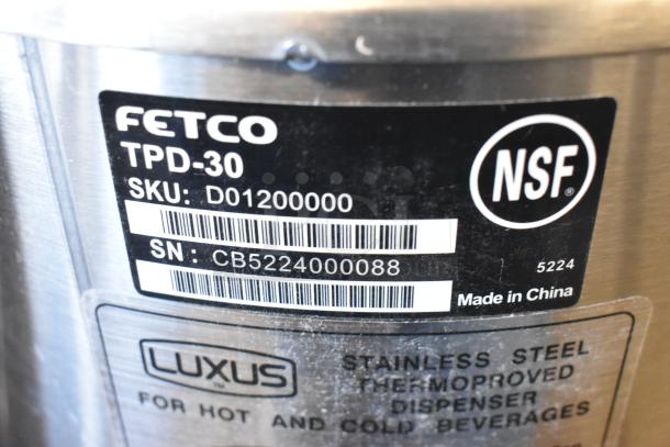 BRAND NEW 2024 Fetco TPD-30 Luxus 3 Gallon Coffee Dispenser, stainless steel, scratch and dent, NSF certified, SKU D01200000.
