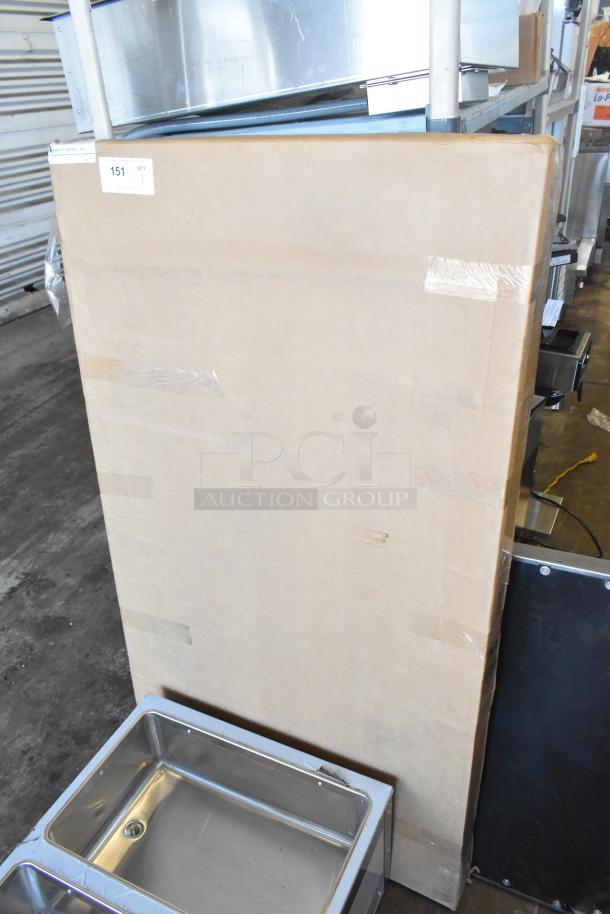 BRAND NEW Geneva 262 Oval Rimless Mirror Food Display Tray, 24"x48", in original packaging. Some packaging dents visible.