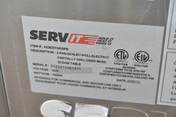 Alt text: Label of ServIt 423EST3WSPB steam table showing model number, voltage, wattage, and ETL certification details.