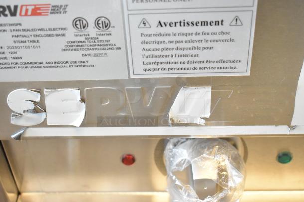 Brand new ServIt 423EST3WSPB electric steam table, scratch and dent, 120V, 1 phase, 1500W. Labels indicating commercial use.