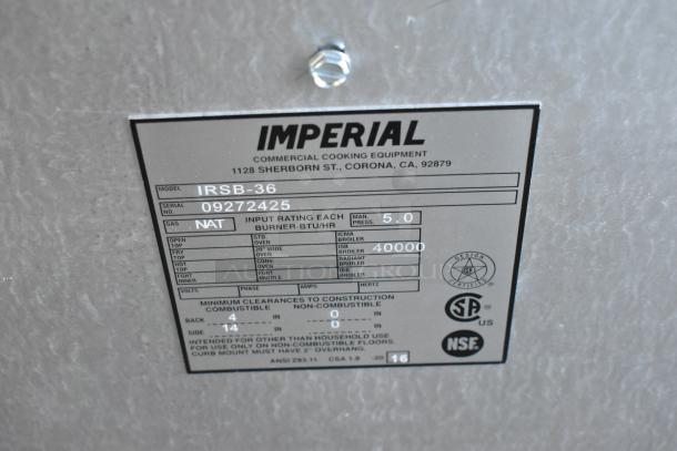 Imperial IRSB-36 Natural Gas Salamander Broiler label, 40,000 BTU, commercial use, model and serial details visible.