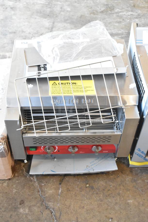 Brand new Avantco 184T3600B commercial conveyor toaster, 14.5" wide, 3" opening, 1200 slices/hr, 208V, 1 phase. Caution label visible.