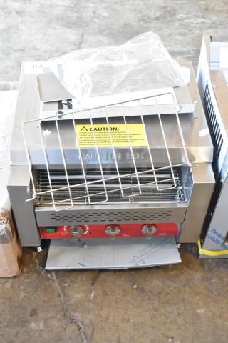 Brand new Avantco 184T3600B commercial conveyor toaster, 14.5" wide, 3" opening, 1200 slices/hr, 208V, 1 phase. Caution label visible.
