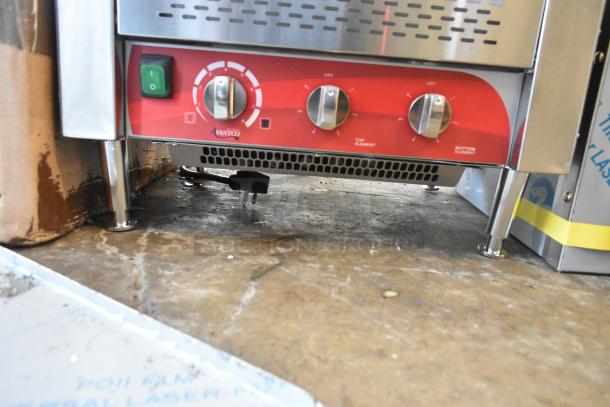 Brand new Avantco 184T3600B commercial conveyor toaster, 14.5" wide, 3" opening, red control panel, slight scratch, 1200 slices/hr, 208V.