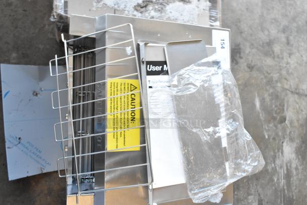 Brand new Avantco 184T3600B commercial conveyor toaster, 14.5" wide, 3" opening, 1200 slices/hour, 208V, 1 phase. Caution label visible.