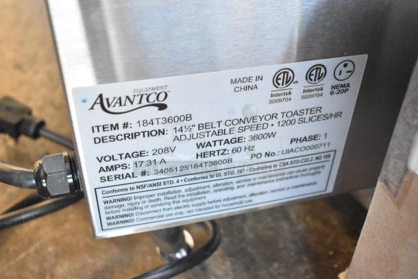 Brand new Avantco 184T3600B conveyor toaster, 14.5" wide, 3" opening, 1200 slices/hour, 208V, 3600W, 1 phase.