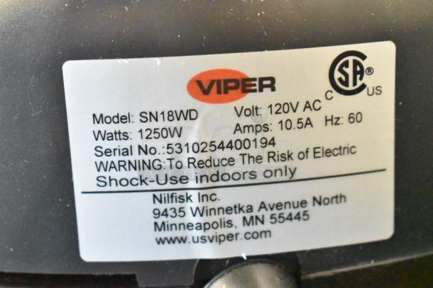 Viper SN18WD Shovelnose Wet/Dry Vacuum label showing model, voltage, wattage, and usage warnings.