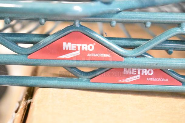 Metro green finish shelf with antimicrobial label. Includes 4 brackets, 2 wire shelves, GS1836K3 grid shelf.