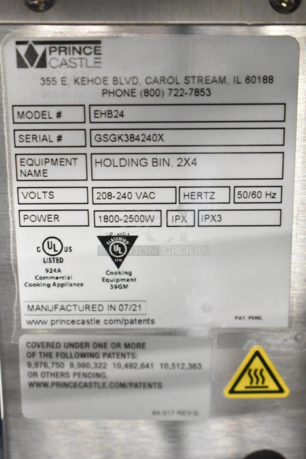 2021 Prince Castle EHB24 Commercial Countertop Holding Bin label, 208-240V, 1 Phase, Model EHB24, Serial GSGK384240X.