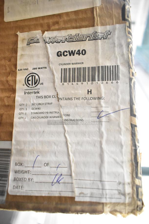 Brand new Powerblanket GCW40 gas cylinder heater cover, 120 VAC, 280 watts, includes cinch strap and instructions.