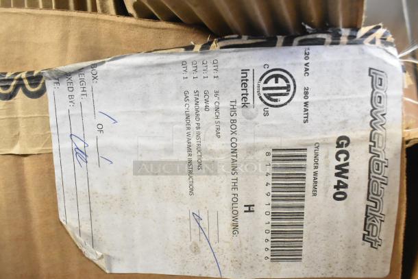 Powerblanket GCW40 gas cylinder heater box label, 120 VAC, 280 watts, Intertek certified. Item is brand new, in box.