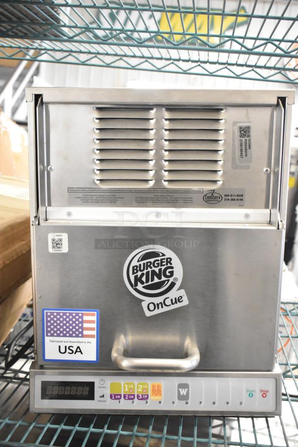 2021 Menumaster OC24BK heavy-duty commercial microwave, 208/240V, 1 phase. Features sturdy stainless steel design, Burger King OnCue and USA fabrication labels.