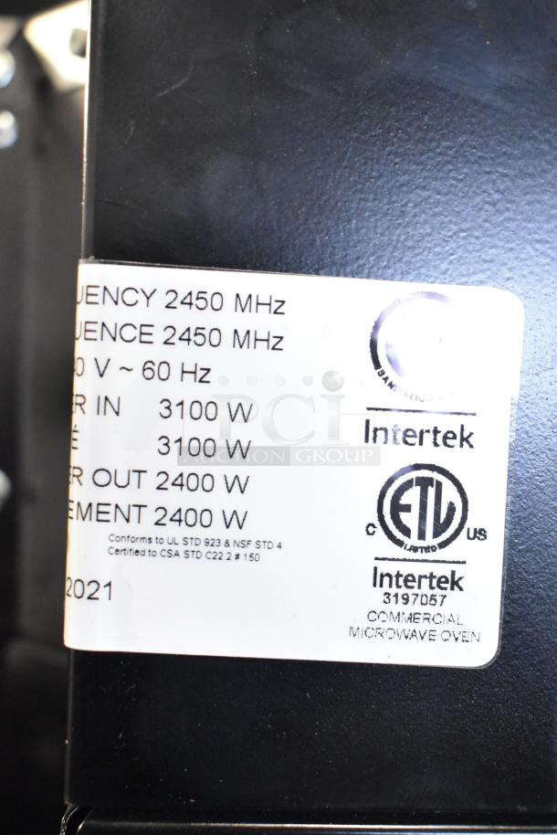 2021 Menumaster OC24BK commercial microwave label, 208/240V, 1 phase, 2450 MHz, 3100W input, 2400W output, Intertek certification.