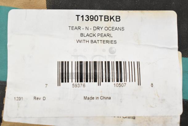 Label of San Jamar T1390TBKB Paper Towel Dispenser, Tear-N-Dry Oceans Black Pearl, with barcode and "Made in China" text.