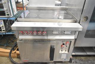 Lang RTI36E commercial electric 6-burner induction range, 208/240V, 3-phase. Stainless steel, red dials, good condition.