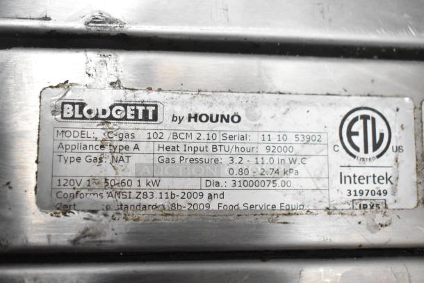 Blodgett 102/BCM2.10 commercial convection oven label showing model, serial number, and gas specifications.