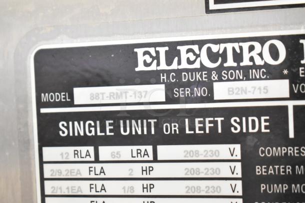 Electro Freeze 88T-RMT-137 ice cream machine label, shows model, serial number B2N-715, 208-230 volts, water-cooled, commercial use.