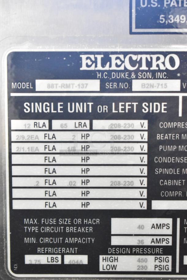 Label on Electro Freeze 88T-RMT-137 soft serve machine, showing model, serial number B2N-715, specs, and voltage details.