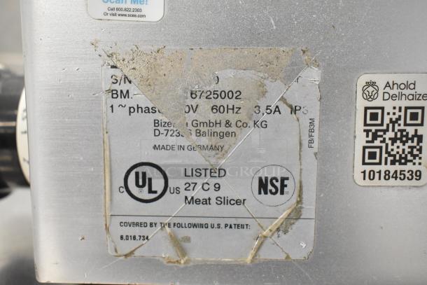 Bizerba Commercial Countertop Meat Slicer label showing voltage (120V, 1 phase), UL and NSF listed, made in Germany.