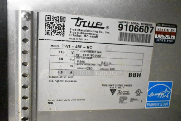 2017 True TWT-48F-HC commercial 2 door freezer label showing 115 volts, 1 phase, Energy Star. Made in USA.