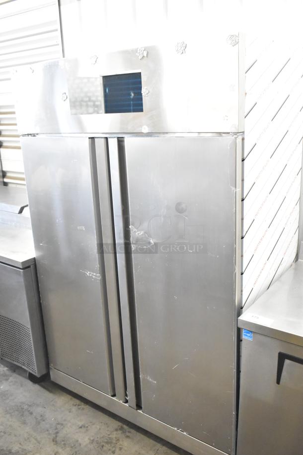 2021 COW800 Commercial 2 Door Reach In Cooler, stainless steel, 115 volts, 1 phase, visible scratches, plug issue noted.