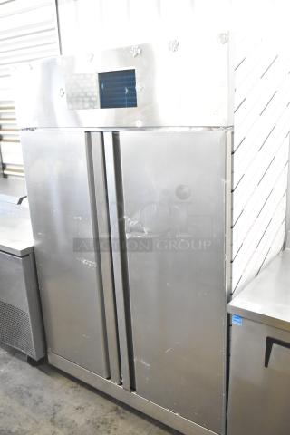 2021 COW800 Commercial 2 Door Reach In Cooler, stainless steel, 115 volts, 1 phase, visible scratches, plug issue noted.