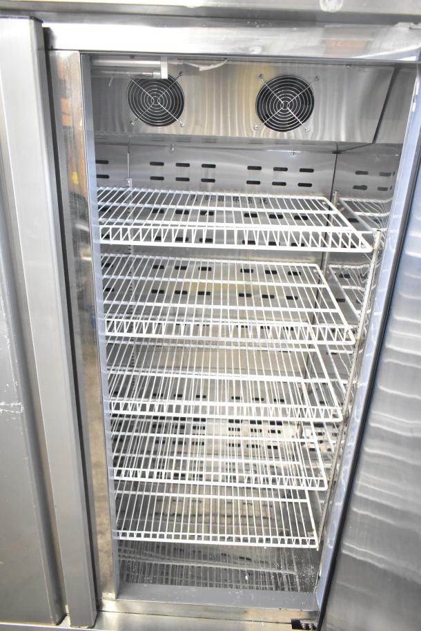2021 COW800 Commercial 2 Door Reach-In Cooler, silver finish, interior shelves, 115V, 1 Phase, untested plug style.