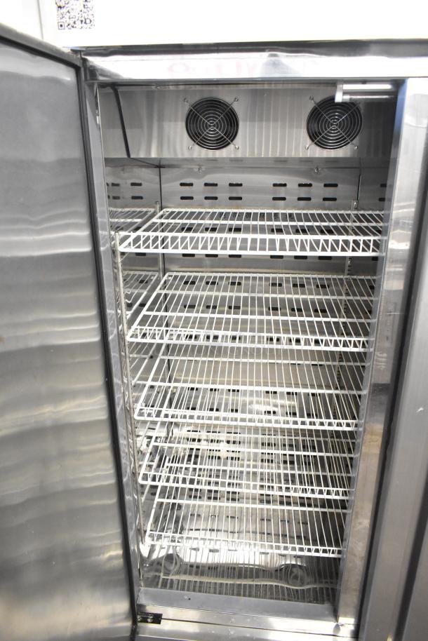 2021 COW800 Commercial 2 Door Reach In Cooler, 115V, 1 Phase, open door view showing shelves, plug style untested.