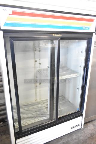 True GDM-45-LD commercial 2-door cooler merchandiser, glass doors, adjustable shelves, 115V, 1 phase, used condition.