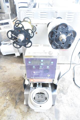 Leadway ET-99SU metal countertop cup sealing machine, 110/120 volts, 1 phase, digital display, used condition.