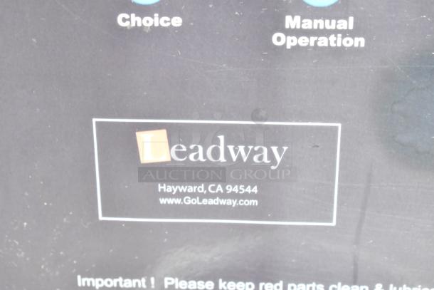 Leadway ET-99SU metal commercial cup sealing machine, 110/120V, 1 phase, visible Leadway branding and contact info.